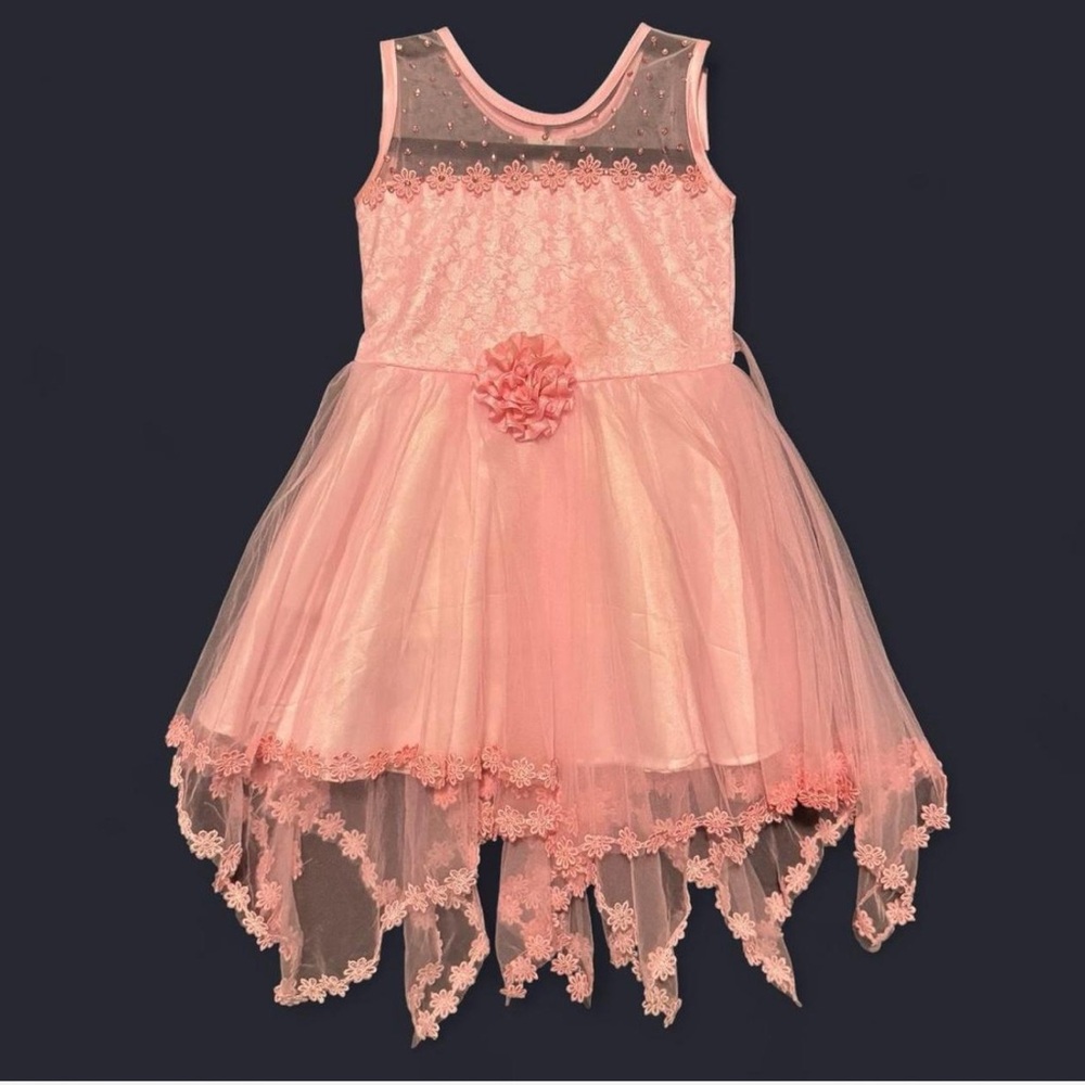 Pink Sleeveless Tulle Dress with Floral Detail
